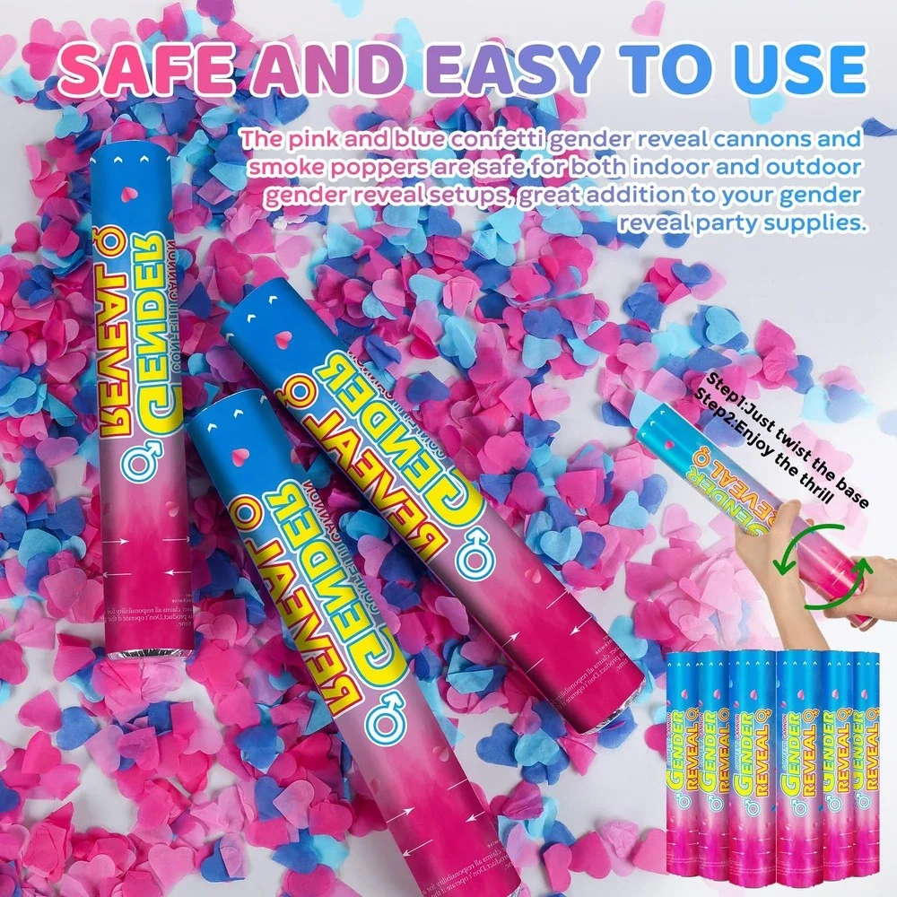 Gender Reveal Baby Confetti Cannons 6 Pack Blue Heart Shaped Easy Twist New Set